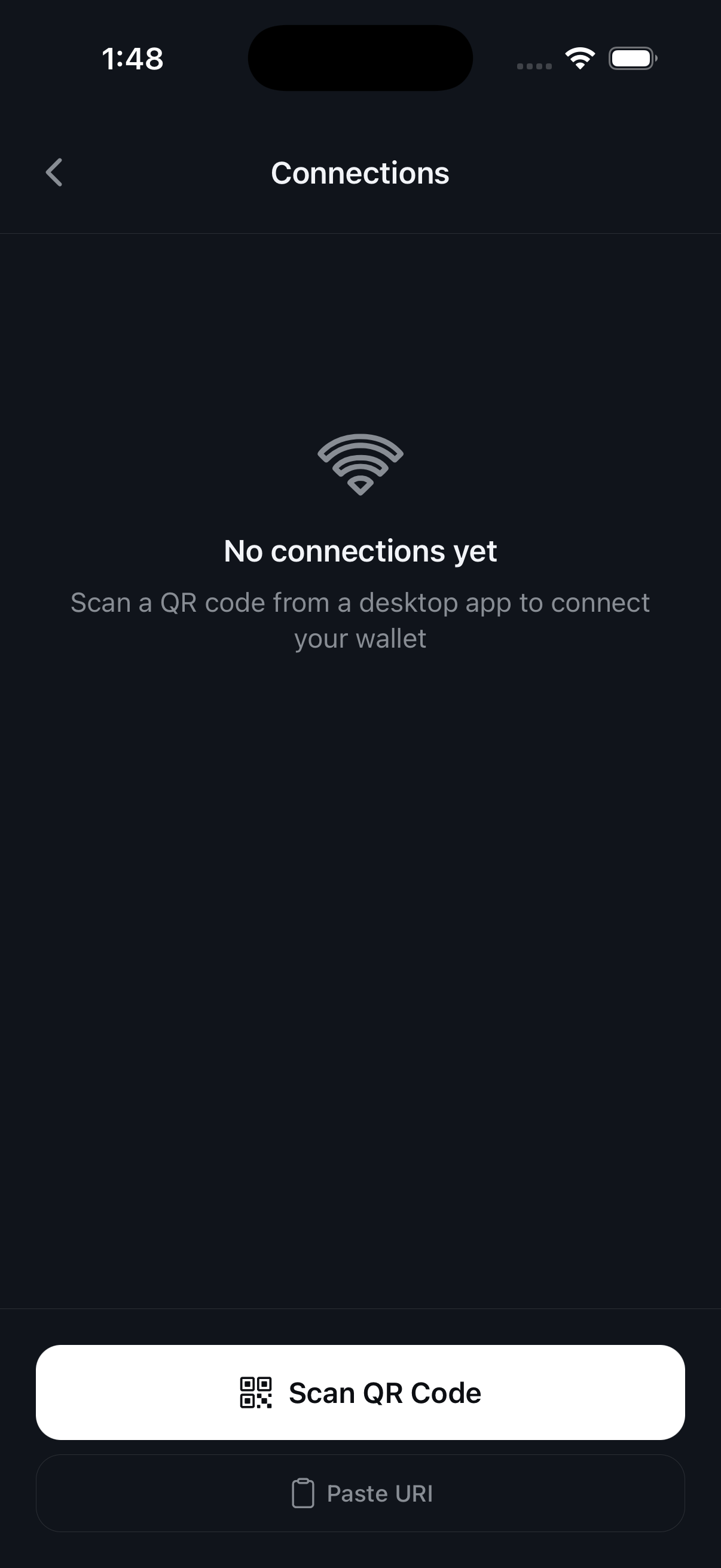 The Connections screen with the Scan QR Code and Paste URI buttons