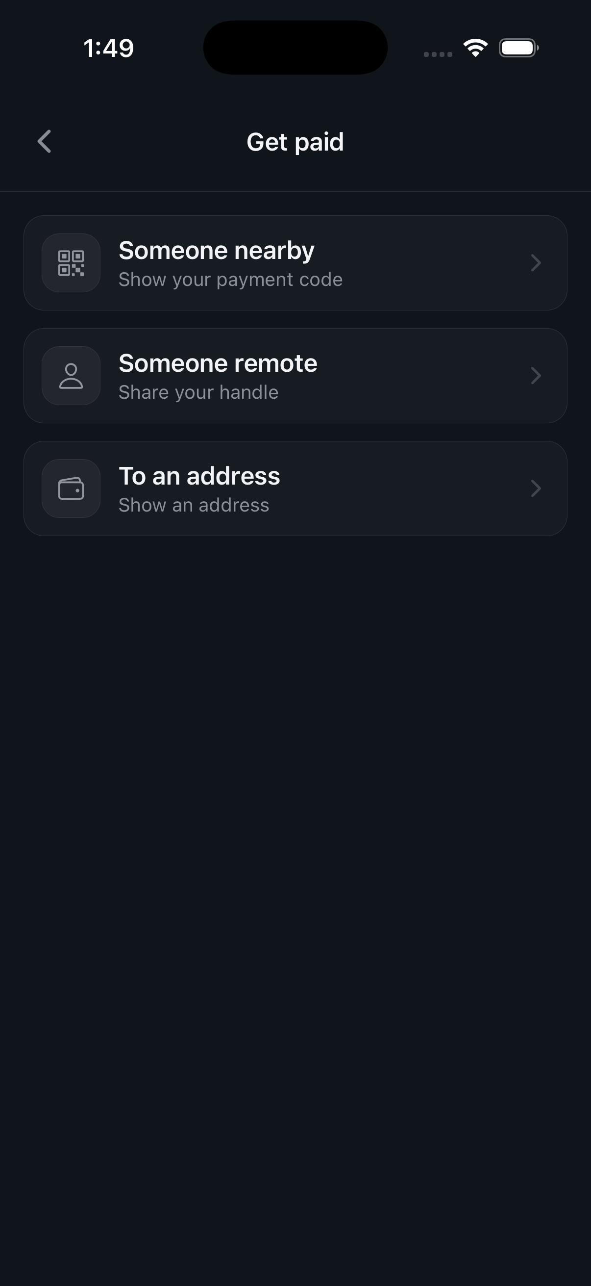 The Get paid screen listing Someone nearby, Someone remote, and To an address