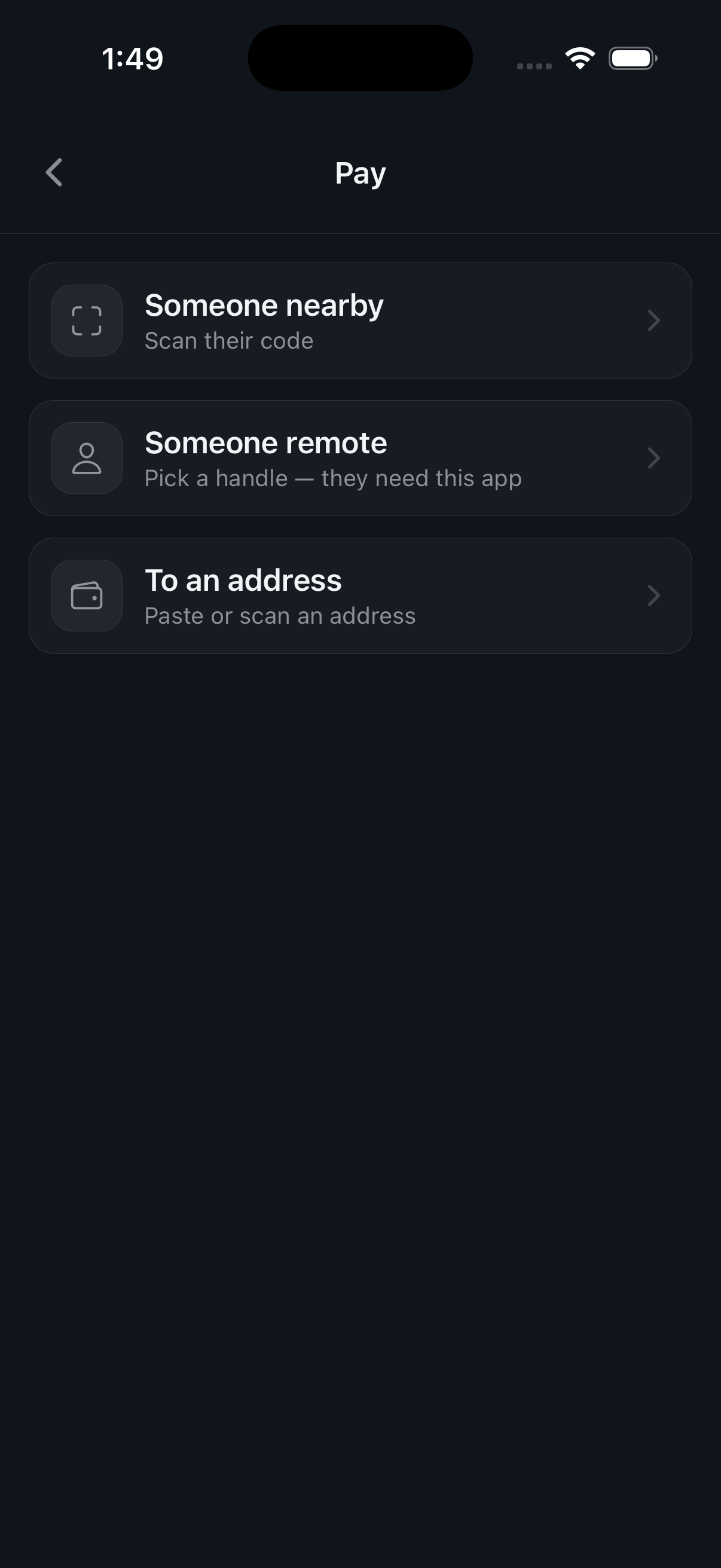 The Pay screen offering someone nearby, someone remote, or an address