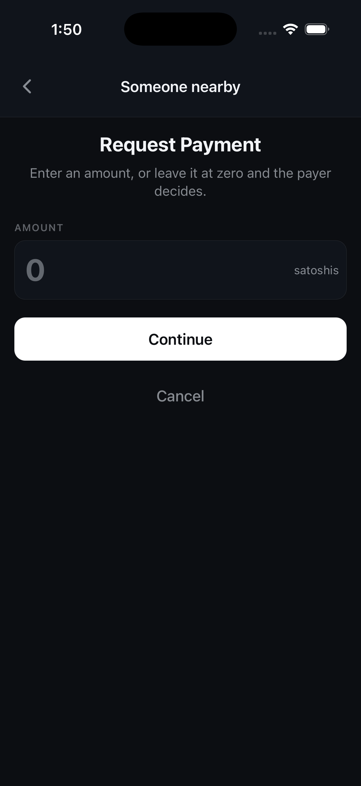 The Request Payment screen with an amount field, where zero means the payer chooses