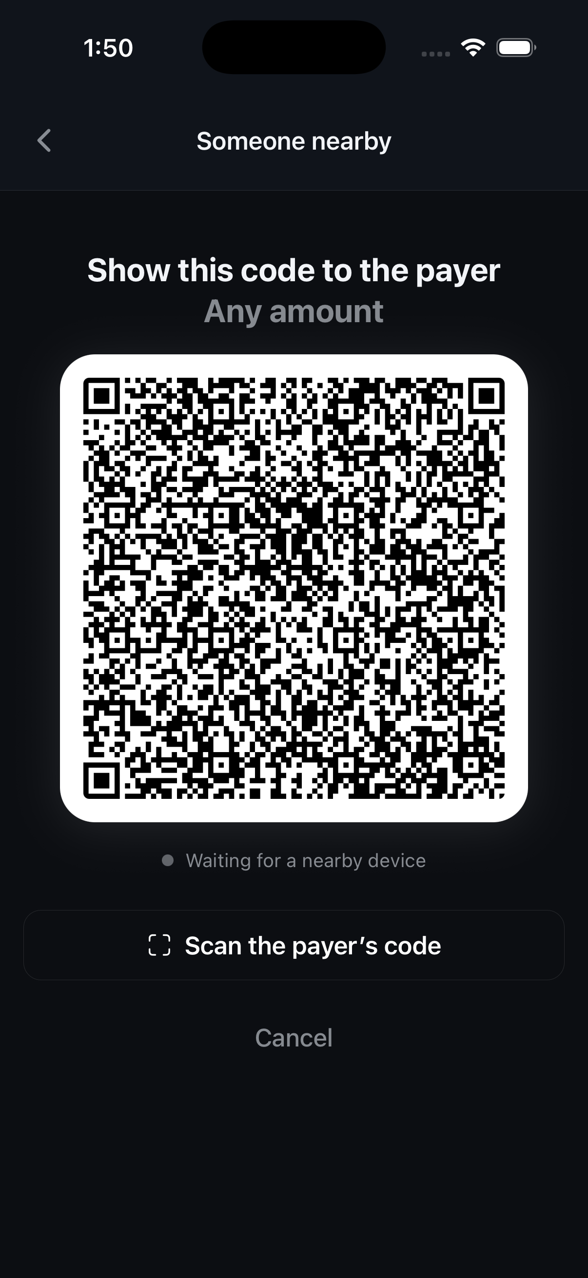 A payment code displayed for a nearby payer to scan