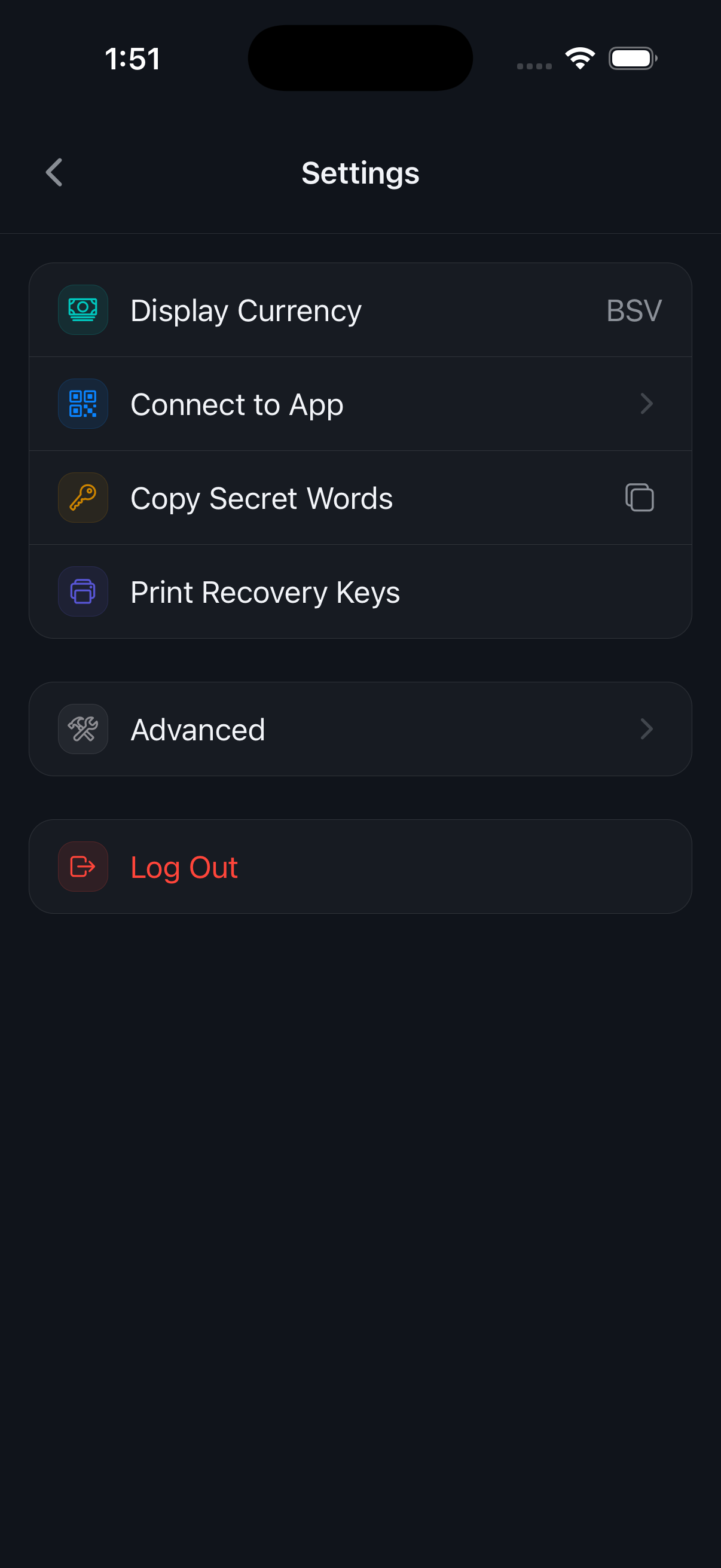 The Settings screen showing Display Currency, Connect to App, Copy Secret Words, and Print Recovery Keys